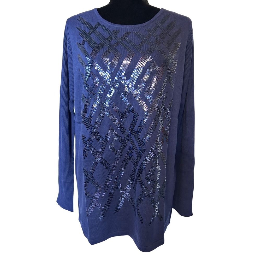 Bob Mackie Wearable Art Blue Sequin Geometric Knit Sweater NWT Size M